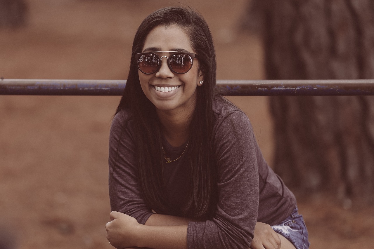 people, woman, smile, nature, african american, shades, sunglasses, sit, bar, trees, brown smile